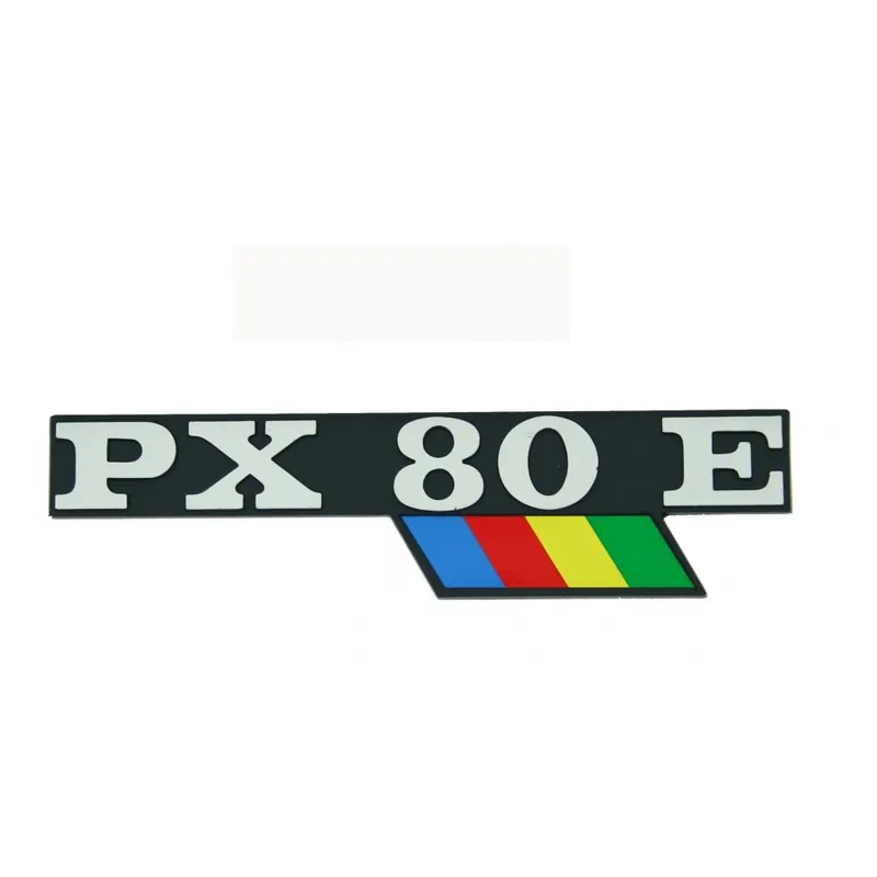 Emblem / Schriftzug " PX 80 E " bunt für Seitenhaube Vespa PX 80 E Lusso - 2 Pins 130x33mm Lochabstand 105mm Neu