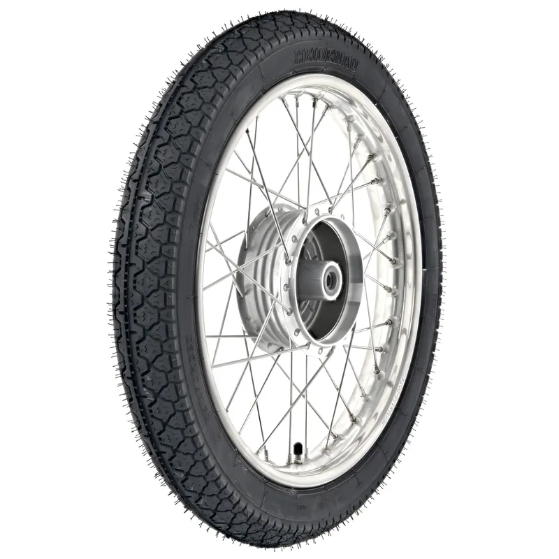 Komplettrad 1,6x16 Zoll, Edelstahl mit Heidenau - Reifen K36 / 1 montiert - Radnabe m. Graugussbremsring, abgedrehte Flanken Neue Kollektion