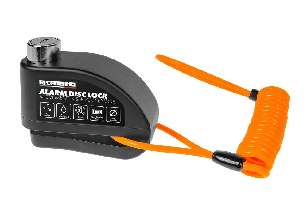 Zertifiziert Bremsscheibenschloss Ricambino Scheibenschloss 110dB Alarm, schwarz, extrem robust 6mm verstärkter Bolzen universal für Motorräder Motorroller Fahrräder